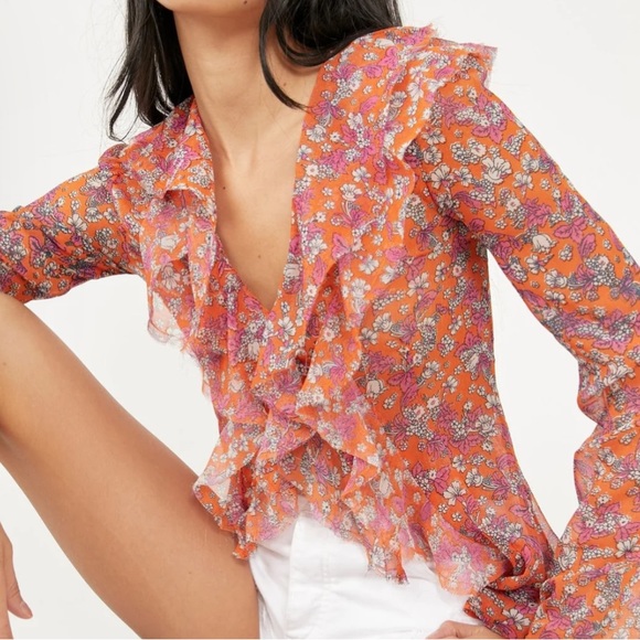 NWT Free People /Nina Sheer Floral Ruffle Blouse Long sleeve - Picture 3 of 10